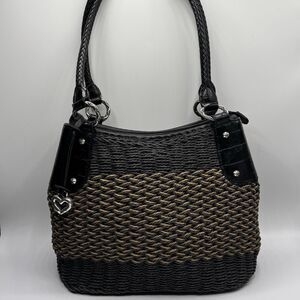 Vintage Brighton shoulder Bag Purse Black Brown Straw Silver tone Hardware